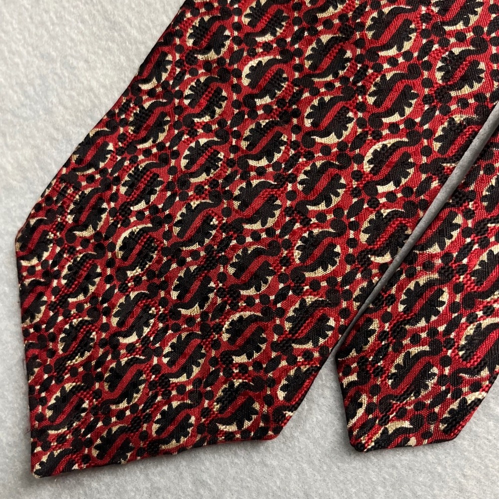 Vintage 90s Oscar de la Renta Silk Necktie Red Black Abstract Jacquard Made USA